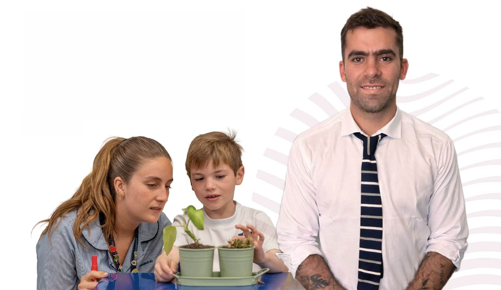 Una profesora y un estudiante de primaria de Dunalastair School observan con atención unas plantas en macetas pequeñas, mientras un profesor sonríe a la cámara en el lado derecho. La imagen tiene un fondo blanco con un diseño gráfico circular y el logo de Dunalastair School - A Cognita School en la parte inferior